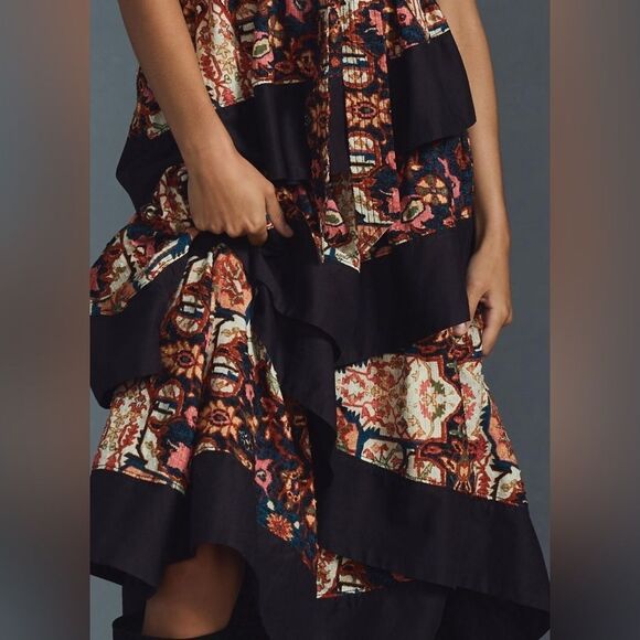 By Anthropologie Square-Neck Tiered Midi Dress size Small - Picture 3 of 6